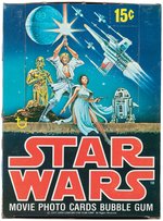 "STAR WARS" TOPPS FIRST SERIES GUM CARDS FOUR COMPLETE SETS PLUS DISPLAY BOX AND WRAPPERS.