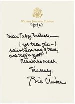 BILL CLINTON HAND WRITTEN SIGNED NOTE WITH THREE SIGNED RELATED BUTTONS.