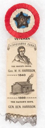 "GEN. BEN HARRISON" 1888 RIBBON REFERENCING W. H. HARRISON LOG CABIN CAMPAIGN.