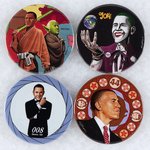 FOUR OBAMA 2008 BRIAN CAMPBELL BUTTONS INCLUDING STAR WARS, JAMES BOND & JOKER.