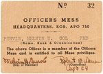 MELVIN PURVIS PERSONAL WORLD WAR II OFFICERS MESS CARD.