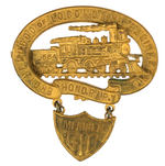 RAILROAD UNION OUTSTANDING BRASS BADGE WITH DIE-CUT ENGINE AND COAL CAR.