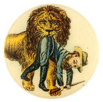 BOER WAR WONDERFUL CARTOON BUTTON DEPICTING PIET CRONJE IN MOUTH OF BRITISH LION.