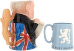 WORLD WAR II CHURCHILL "NEVER SURRENDER" MUG PAIR.