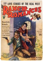 "RANCH ROMANCES" PULP & "RANCH ROMANCES TRAILS END CLUB" PREMIUM PIN & BRACELET.