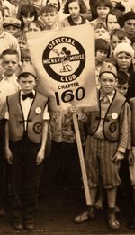 "OFFICIAL MICKEY MOUSE CLUB - CHAPTER 160" THEATER GROUP PHOTO SHOWING OFFICERS IN CLUB ATTIRE.
