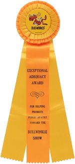 ROCKY & BULLWINKLE "EXCEPTIONAL ADEQUACY AWARD" RIBBON BADGE & ORIGINAL MAILER.