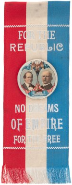 BRYAN & STEVENSON "16 TO 1" CORNUCOPIA JUGATE BUTTON ON RARE "NO DREAMS OF EMPIRE" RIBBON.