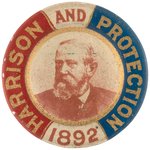 "HARRISON AND PROTECTION 1892" LITHO PIN-BACK CONSIDERED THE FIRST BUTTON.