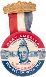 "OK AMERICA YOU BET I'M WITH YOU" ROOSEVELT 1933 INAUGURAL BUTTON.