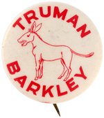 "TRUMAN BARKLEY" RED DONKEY 1948 CAMPAIGN BUTTON HAKE #51.