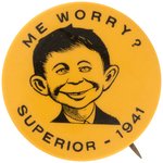 "ME WORRY" MAD MAGAZINE ANCESTOR ON 1941 BUTTON NAMING PUNCHBOARD MAKER "SUPERIOR".