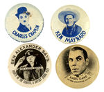 FOUR EARLY MOVIE BUTTONS INCLUDING CHAPLIN, MAYNARD, EARLY BOY SCOUT SERIAL AND KARL DANE.