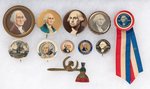 GEORGE WASHINGTON 10 SCARCE TO RARE EARLY PORTRAIT BUTTONS AND HATCHET STICKPIN.