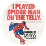 ENGLISH SPIDER-MAN ADVERTISING BUTTON FOR “PARKER VIDEO GAMES.”