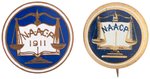 N.A.A.C.P. MEMBER'S EARLY LITHO BUTTON AND DATED 1911 ENAMEL ON BRASS LAPEL STUD.