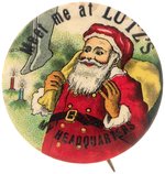 SANTA WITH DOUBLE STOCKINGS AND DOUBLE CANDLES RARE BUTTON BY BROWN & BIGELOW C. 1930.
