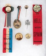 ADMIRAL DEWEY FIVE RARE REAL PHOTO BUTTONS, STICKPIN AND TWO "TO HELL WITH SPAIN" RIBBONS.