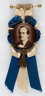 BRYAN SEPIA TONED PORTRAIT BUTTON ON ELABORATE RIBBON BADGE.