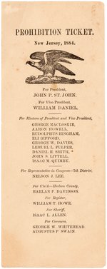 ST. JOHN & DANIEL 1884 "PROHIBITION TICKET NEW JERSEY 1884" BALLOT.