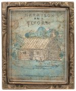 "HARRISON AND REFORM" 1840 HAND COLORED LOG CABIN BROOCH.