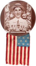 1910 PHILADELPHIA ATHLETICS LARGE REAL PHOTO CHAMPIONS BUTTON W/AMERICAN FLAG & 5 BASEBALL HOF'ERS.