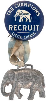 1910 "THE CHAMPION PHILADELPHIA ATHLETICS/RECRUIT LITTLE CIGARS" BUTTON W/"ATHLETICS CHAMPS" HANGER.