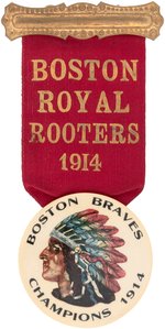 1914 "BOSTON ROYAL ROOTERS/BOSTON BRAVES CHAMPIONS" RIBBON BADGE W/LARGE BUTTON.
