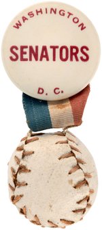 C. 1925 "WASHINGTON D.C. SENATORS" BUTTON W/RIBBON AND MINIATURE BASEBALL.