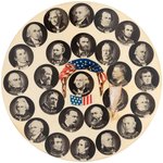 HUGE CELLO. BUTTON PLAQUE WITH PRESIDENTIAL IMAGES USED ON THE  NEW ENGLAND STORE BUTTON SET.