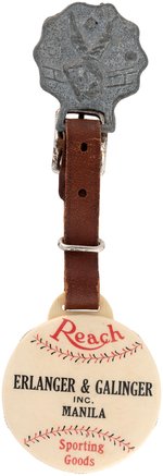 C. 1920s "REACH SPORTING GOODS" CELLULOID FOB BASEBALL SCORER W/LEATHER STRAP & METAL FOB.