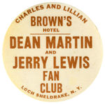 RARE MARTIN AND LEWIS “FAN CLUB” BUTTON NAMING HOTEL WHERE LEWIS STARTED CAREER.