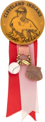 C. 1940s BOB FELLER (HOF) LARGE BUTTON W/RIBBONS/BASEBALL/GLOVE (RARE  COLOR VARIETY).