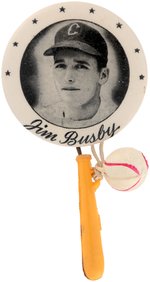 C. 1950s JIM BUSBY PM10 STADIUM BUTTON W/BAT & BASEBALL.