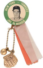 C. 1940s JOE DI MAGGIO (HOF) "NEW YORK YANKEES" PM10 STADIUM BUTTON W/RIBBON/BALL/GLOVE.