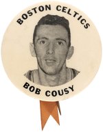 "BOSTON CELTICS/BOB COUSY" C. 1957 STADIUM STYLE BUTTON W/SMALL ACCENT RIBBON.