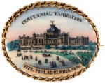 "CENTENNIAL EXPOSITION/1776. PHILADELPHIA. 1876" SUPERB COLOR ON WHITE GLASS CONVEX OVAL PIN.