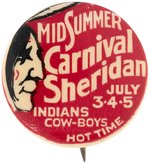 SHERIDAN CARNIVAL FIRST BUTTON KNOWN TO INCLUDE WORD "COW-BOYS"  DATED TO 1900, NOT 1902.