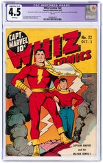 "WHIZ COMICS" #22 OCTOBER 1941 CGC RESTORED 4.5 SLIGHT/MOD. (A-2) VG+.