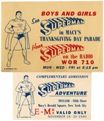 SUPERMAN "MACY'S THANKSGIVING PARADE CARD AND "MACY'S SUPERMAN ADVENTURE" TICKET STUB.