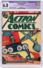 "ACTION COMICS" #22 MARCH 1940 CGC RESTORED 6.0 MODERATE (B-3) FINE.