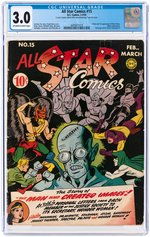 "ALL STAR COMICS" #15 FEBRUARY-MARCH 1943 CGC 3.0 GOOD/VG (FIRST BRAINWAVE).