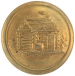 HARRISON 1840 SCARCE BRASS CLOTHING BUTTON W/ 6 PANELS ON LOG CABIN ROOF.