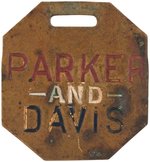 "PARKER AND DAVIS" UNUSUAL BRASS 1904 WATCH FOB WITH RWB LETTERING.