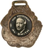 "FOR PRESIDENT AL SMITH" CELLULOID ON SILVERED BRASS GRAPHIC WATCH FOB.