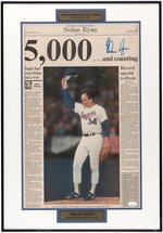 NOLAN RYAN (HOF) SIGNED 5000 STRIKEOUTS SIGNED NEWSPAPER FRAMED DISPLAY.