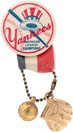 1960s NEW YORK "YANKEES ALMERICAN LEAGUE CHAMPIONS" BUTTON W/RIBBON/GLOVE/BALL.