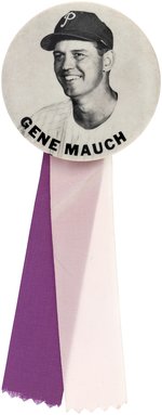 1960s GENE MAUCH PM10 STADIUM BUTTON WITH RIBBON.