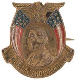 WILSON RARE SMALL BRASS PIN "FOR LAW AND HUMANITY" WITH HIS PROFILE,  FLAGS AND EAGLE.