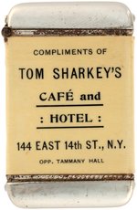 "COMPLIMENTS OF TOM SHARKEY'S CAFE AND HOTEL" CELLO WRAPPED MATCH SAFE WITH HIS PHOTO.